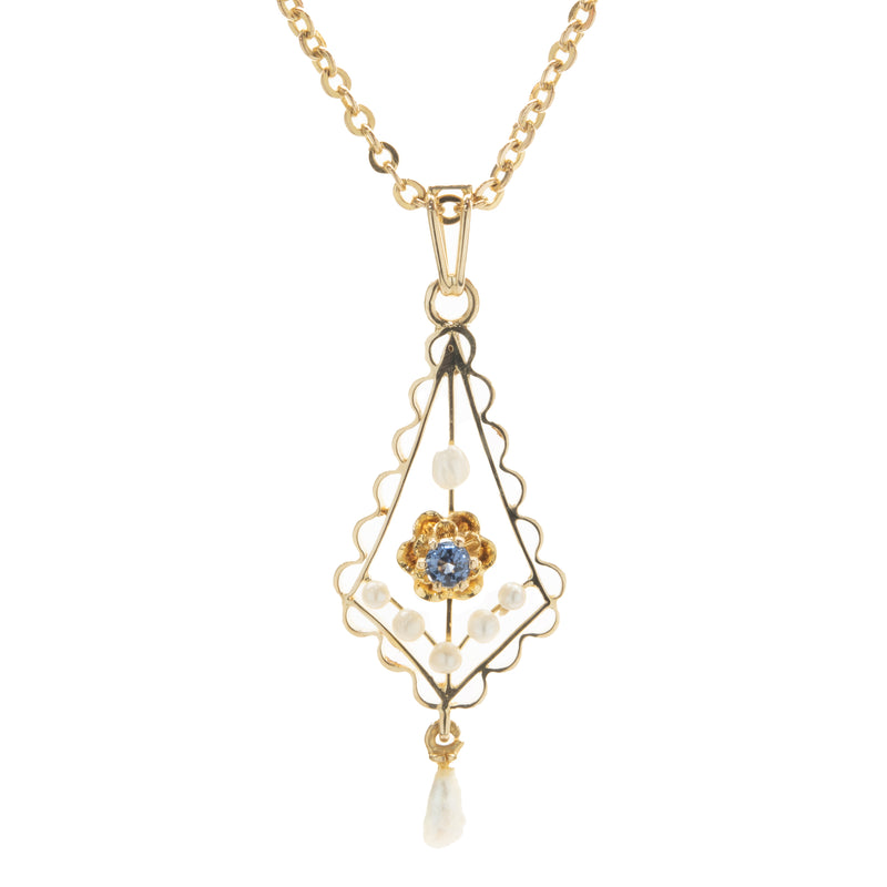 14 Karat Yellow Gold Vintage Seed Pearl and Sapphire Necklace