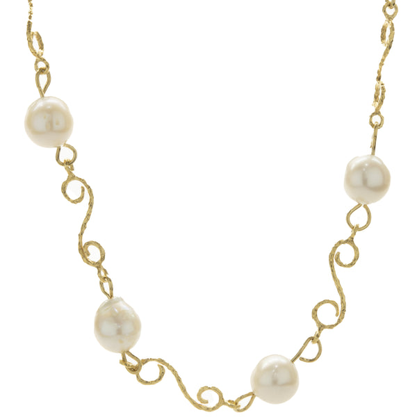 18 Karat Yellow Gold Pearl Station Necklace with Ornate Link