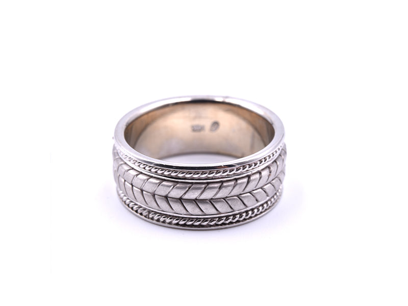 Gents 14k White Gold Carved Rope Band