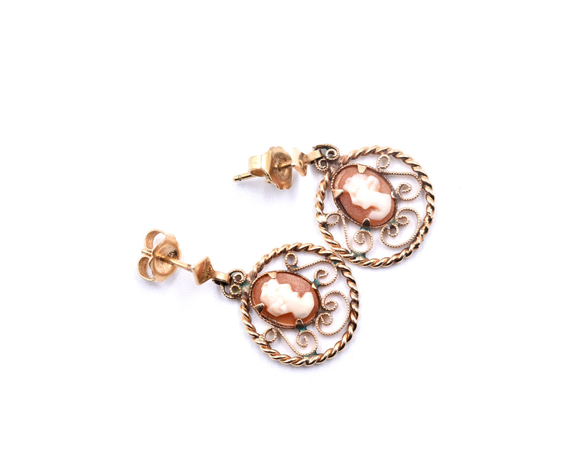 14k Yellow Gold Cameo Drop Earrings