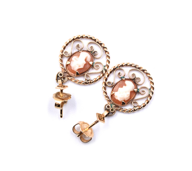 14k Yellow Gold Cameo Drop Earrings