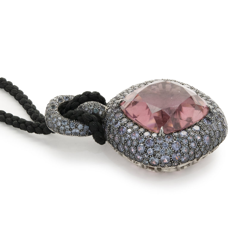 David Yurman 18 Karat White Gold Oversized Pink and Blue Topaz Necklace on Cord