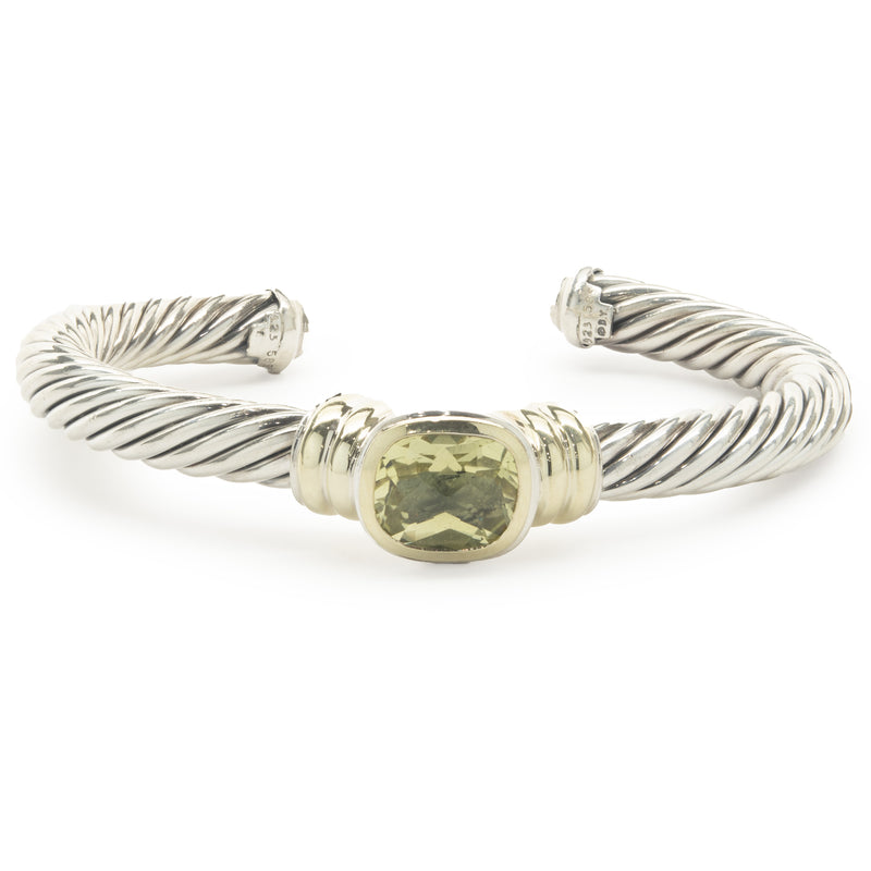 David Yurman Sterling Silver & 14 Karat Yellow Gold Peridot Cable Cuff Bracelet