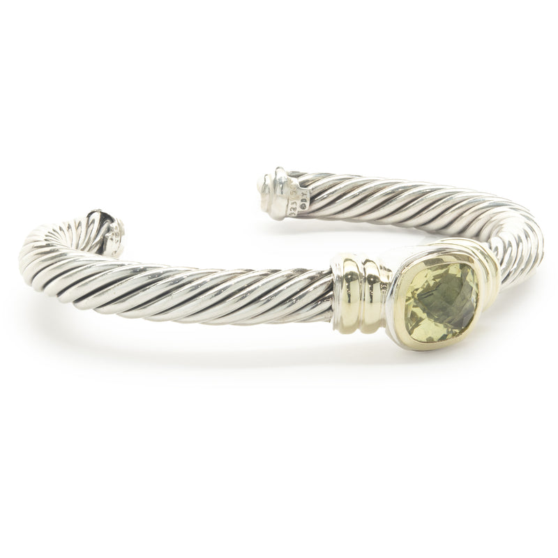 David Yurman Sterling Silver & 14 Karat Yellow Gold Peridot Cable Cuff Bracelet