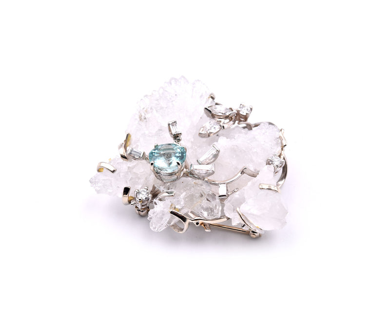 14k White Diamond, Tourmaline and Crystal Quartz Vintage Pin
