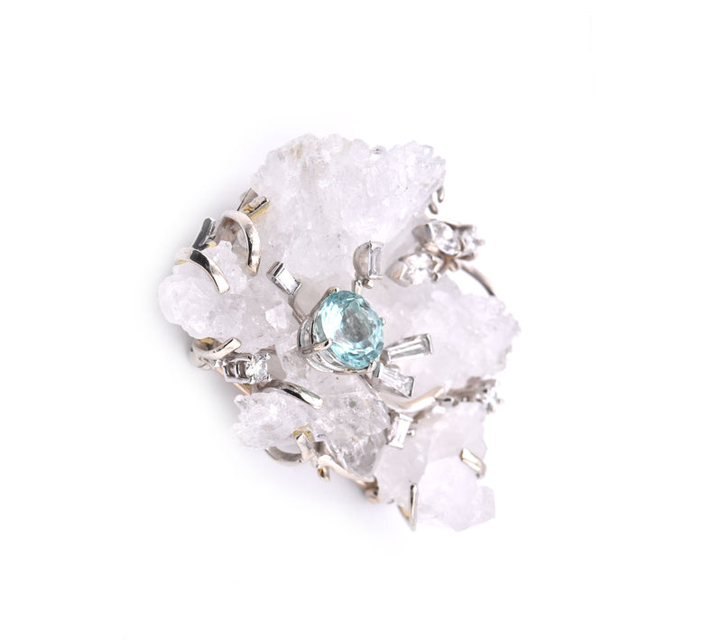14k White Diamond, Tourmaline and Crystal Quartz Vintage Pin