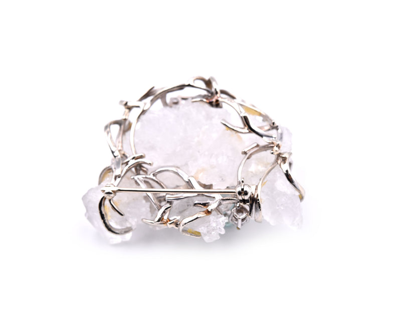14k White Diamond, Tourmaline and Crystal Quartz Vintage Pin