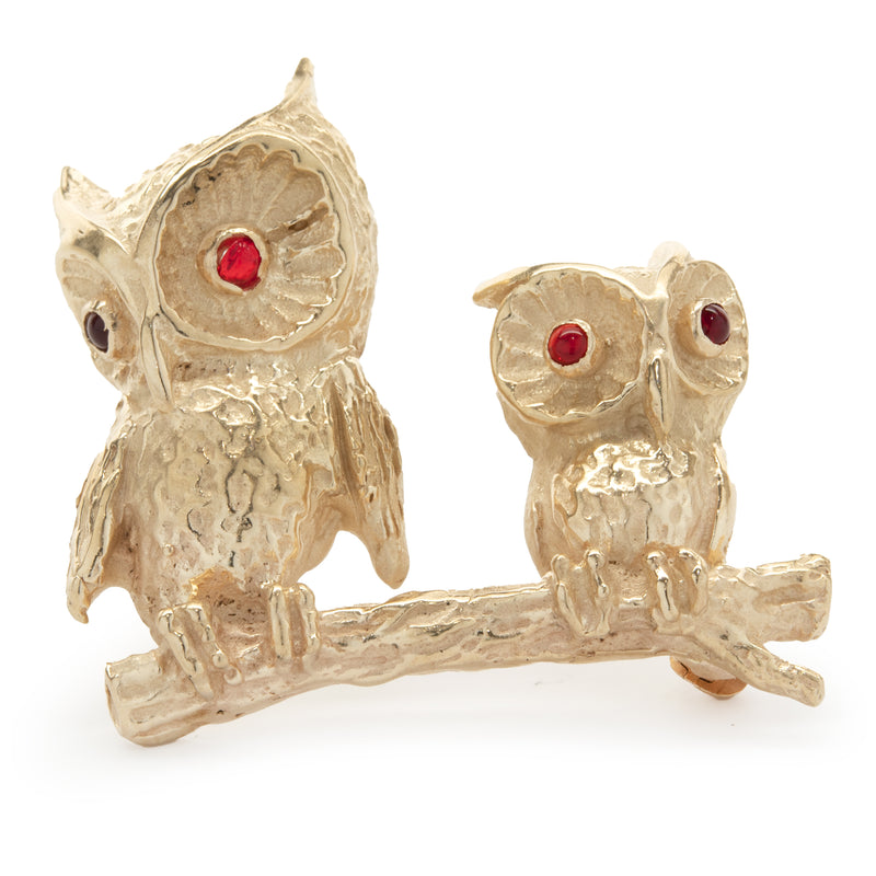 14 Karat Yellow Gold Vintage Two Owls on a Branch Pin