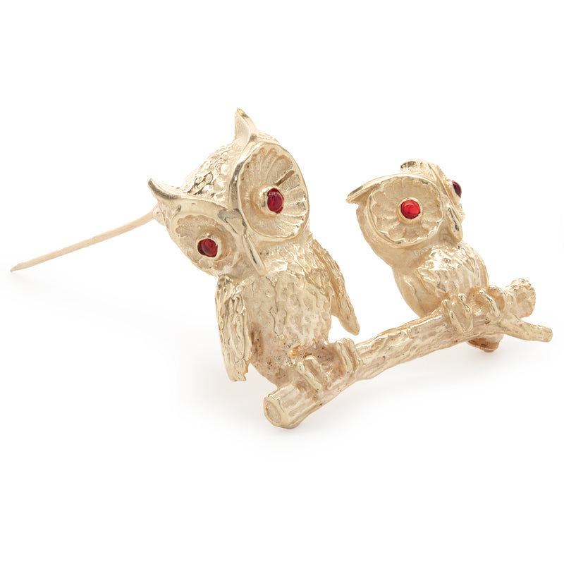14 Karat Yellow Gold Vintage Two Owls on a Branch Pin