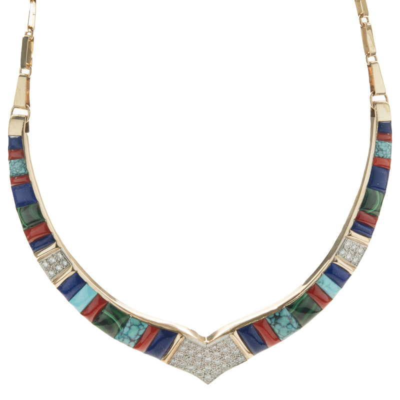 Saunsa Designed Lapis, Coral, Turquoise, Marcasite, and Diamond Native American Collar Necklace and Ring SET