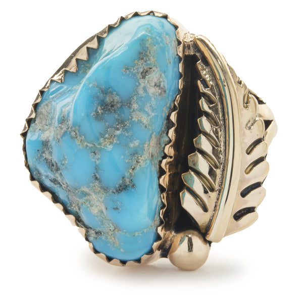14 Karat Yellow Gold Vintage Native American Designed Turquoise and Feather Ring