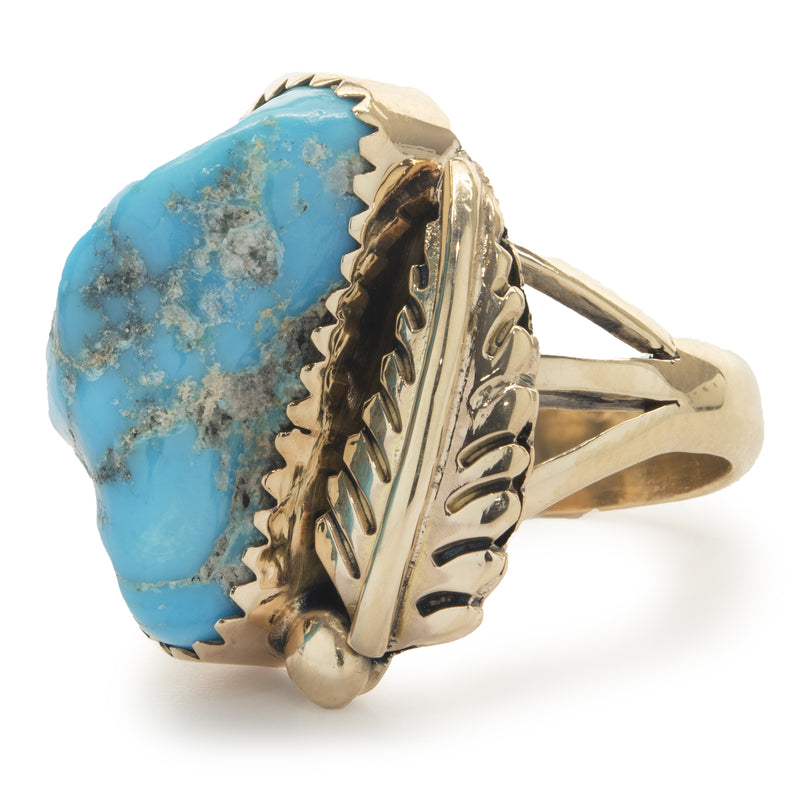 14 Karat Yellow Gold Vintage Native American Designed Turquoise and Feather Ring