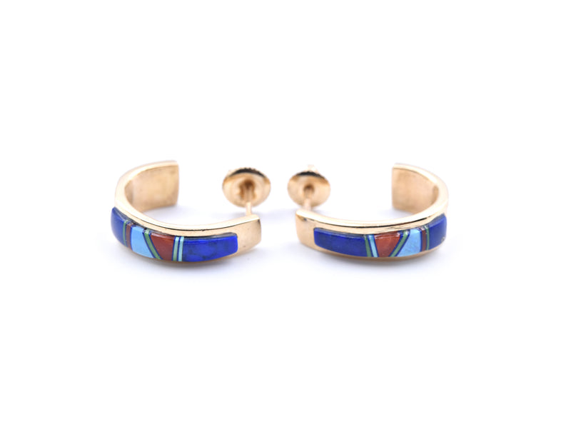 14k Yellow Gold Navajo J Style Earrings with Lapis, Malachite, Coral and Mother of Pearl Inlay