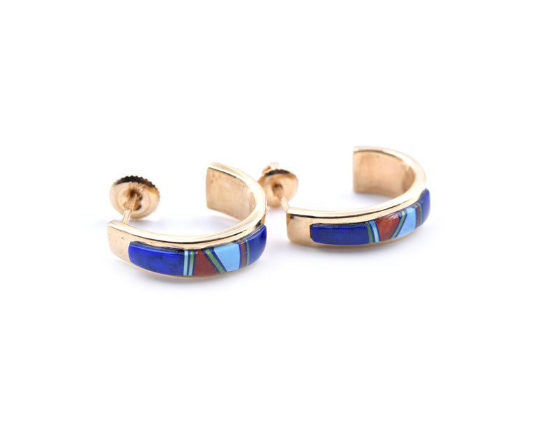 14k Yellow Gold Navajo J Style Earrings with Lapis, Malachite, Coral and Mother of Pearl Inlay
